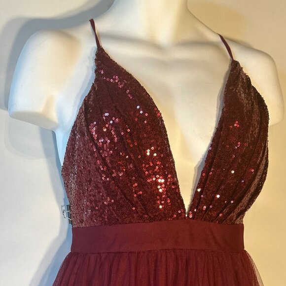 Luxxel SZ L Wine Tulle Sequin Bust Formal Gown Prom Black Tie Bridesmaid Sexy - Picture 5 of 14